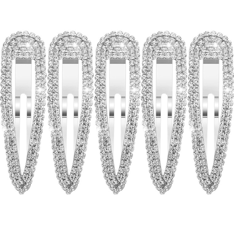 LLSME 5Pcs Rhinestone Snap Hair Clips, Water Drop Crystal Snap Hair Barrettes, Glitter Shining Metal Snap Hair Clips, Glittering Hairpins Headwear Ha