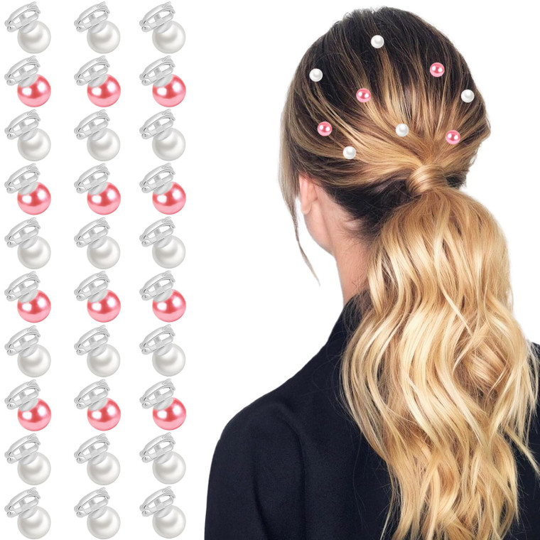EYEOO 30Pcs Mini Pearl Hair Clips for Women, Girls, Kids & Toddlers - Cute Pink Barrettes for Curly, Fine & Thick Hair Styling, Wedding & Bridal Deco