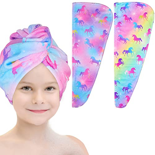 Basumee Microfiber Hair Towel Wrap for Kids 2 Pack Rapid Drying Hair Towel with Button Hair Turbans for Wet Hair Wraps Head Towel Wrap for Women and