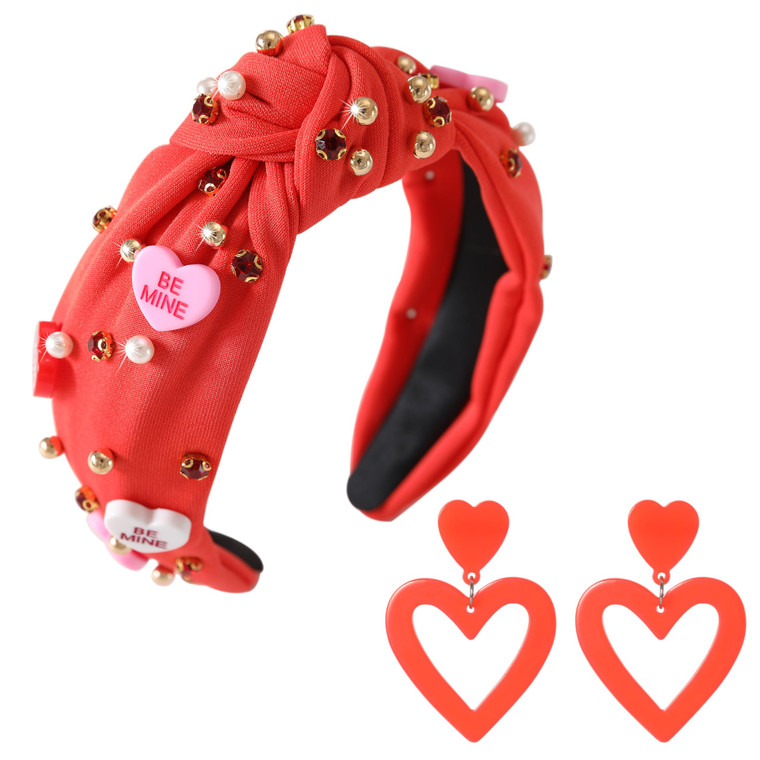 Gmmidea Valentines Day Jeweled Headband for Women Girls Beaded Rhinestone Love XOXO Heart Knotted Headband Fabric Wide Top Embellished Hairband with