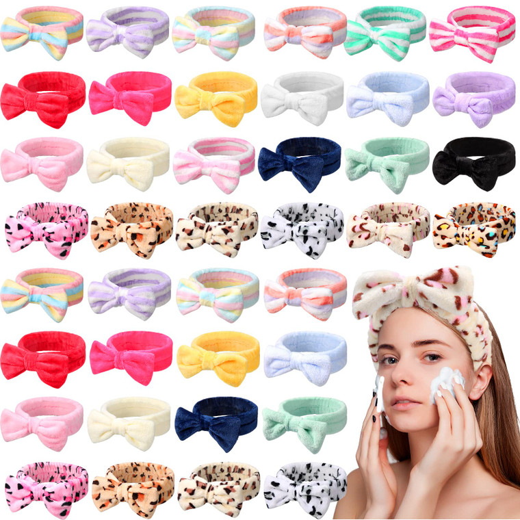 Giegxin 48 Pieces Spa Headband Bulk Bow Hair Band Facial Makeup Headbands Fluffy Plush Headband for Women Girls Washing Face Spa Sleepover Party Supp