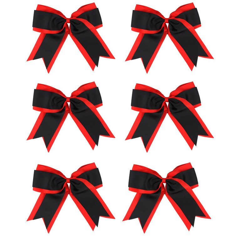 8 Inch 2 Colors Cheerleader Bows 2 Layers 6 Pcs Ponytail Holder Cheerleading Bows Hair Elastic Hair Tie (Red/Black)