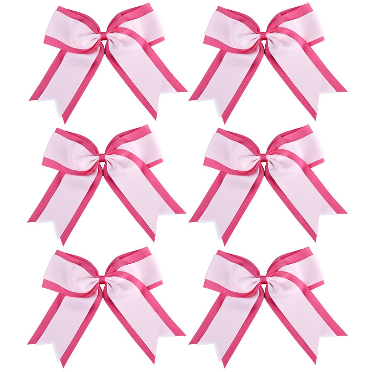 8 Inch 2 Colors Cheerleader Bows 2 Layers 6 Pcs Ponytail Holder Cheerleading Bows Hair Elastic Hair Tie (Hot pink/White)