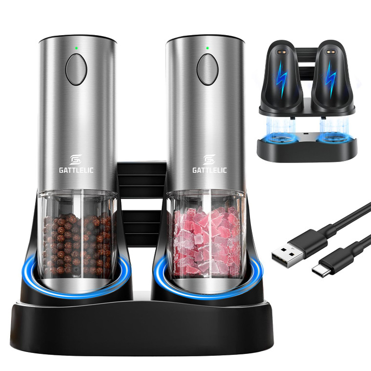 Electric Salt and Pepper Grinder Set, Automatic Pepper Mill Grinder w/Upgraded Charge Base and LED Light,Adjustable Coarseness,Rechargeable Black Pep