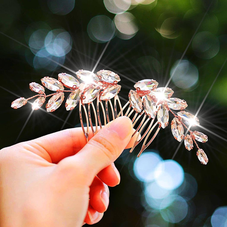 Catery Bride Wedding Hair Comb Rhinestones Bridal Side Clips Crystal Hair Accessories for Brides and Women Pack of 2 (Rose Gold)