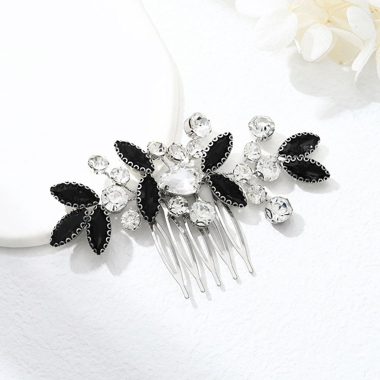 Catery Rhinestone Bride Wedding Hair Comb Black Crystal Side Comb Bridal Hair Piece Leaf Headpiece Bridesmaid Hair Accessories for Women and Girls