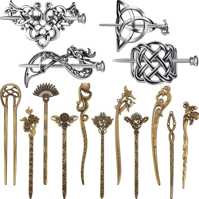 WILLBOND 4 Pieces Retro Silver Celtic Hair Slide Hairpins and 11 Pieces Vintage Bronze Viking Hair Sticks Hair Accessories for Women Girls