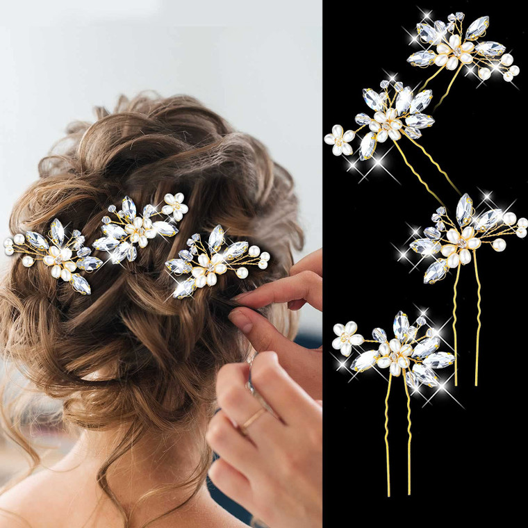 Geosar 8 Pieces Wedding Hair Clips, Gold Bridal Hair Pins with Rhinestone Flower Hair Pins Bridal Accessory for Women and Girls, 10.5 x 6 cm / 4 x 2.