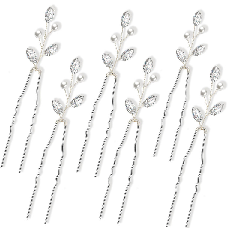 Syhood 6 Pieces Pearl Crystal Bridal Hair Pins Rhinestone Flower Wedding Hair Pins Prom Accessory for Women Wedding Hairstyles(Silver)