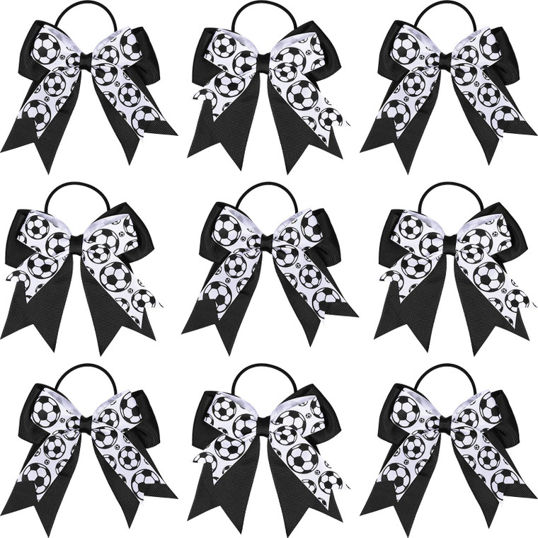 10 Hair Accessories - Soccer Hair Bows, Elastic Ponytail Holders, and Sport Hair Ties for Girls Players and Teams (Black and White)