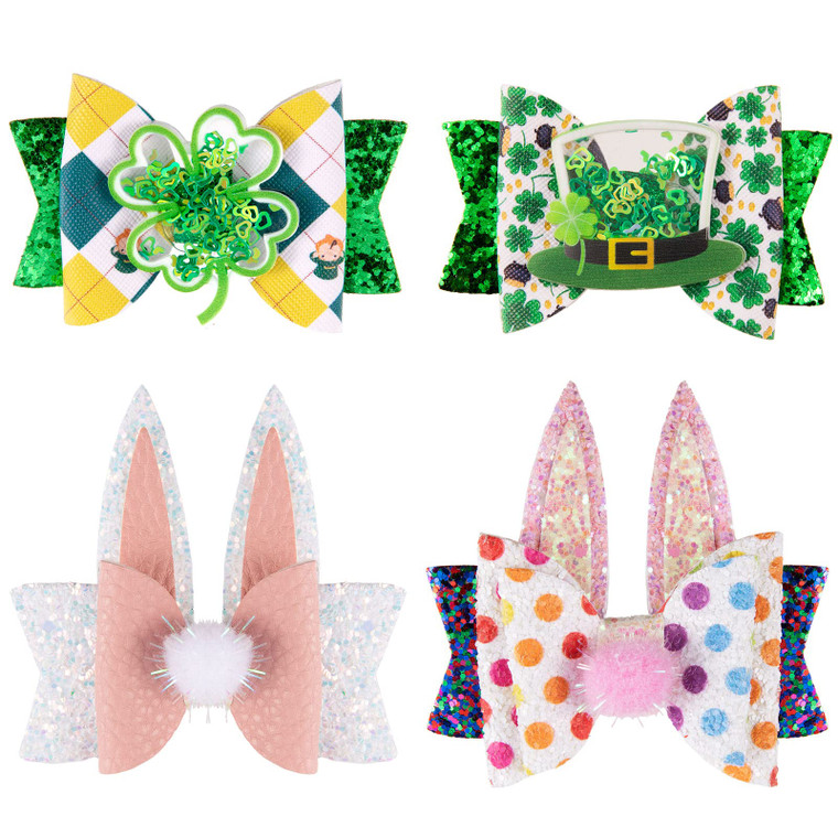 Whaline St. Patrick's Day & Easter Bow Clips Glitter Shamrock Clover Bunny Rabbit Hair Pins Quicksand Sequin Bow Hair Barrettes Alligator Clip Hair A