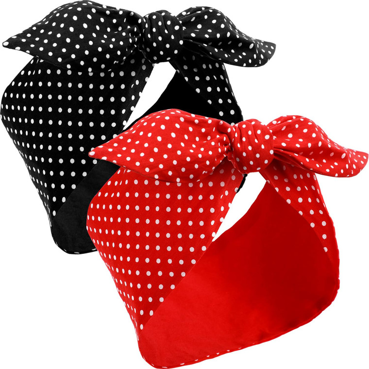 Hicarer 2 Pieces Polka Dot Headband Bandana Headband 50s Costume Hair Accessories Bows Wide Head Wrap for Women(Red, Black,Small Dots)