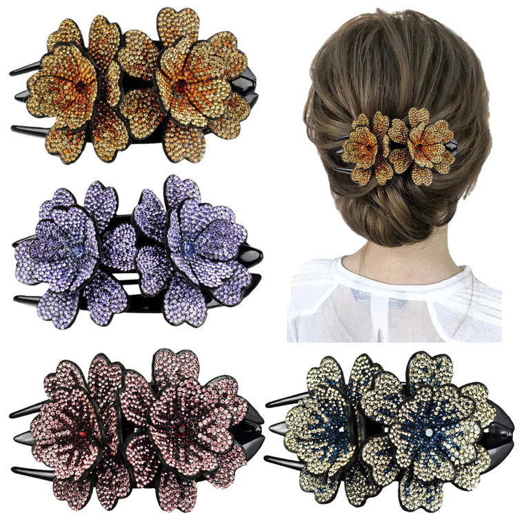 4 Pack of Fancy Crystal Rhinestone Double Flower Duckbill Clip Luxury Blingbling Gems Hair Clips for Women Thick Hair Decorative Non Slip Hair Clips