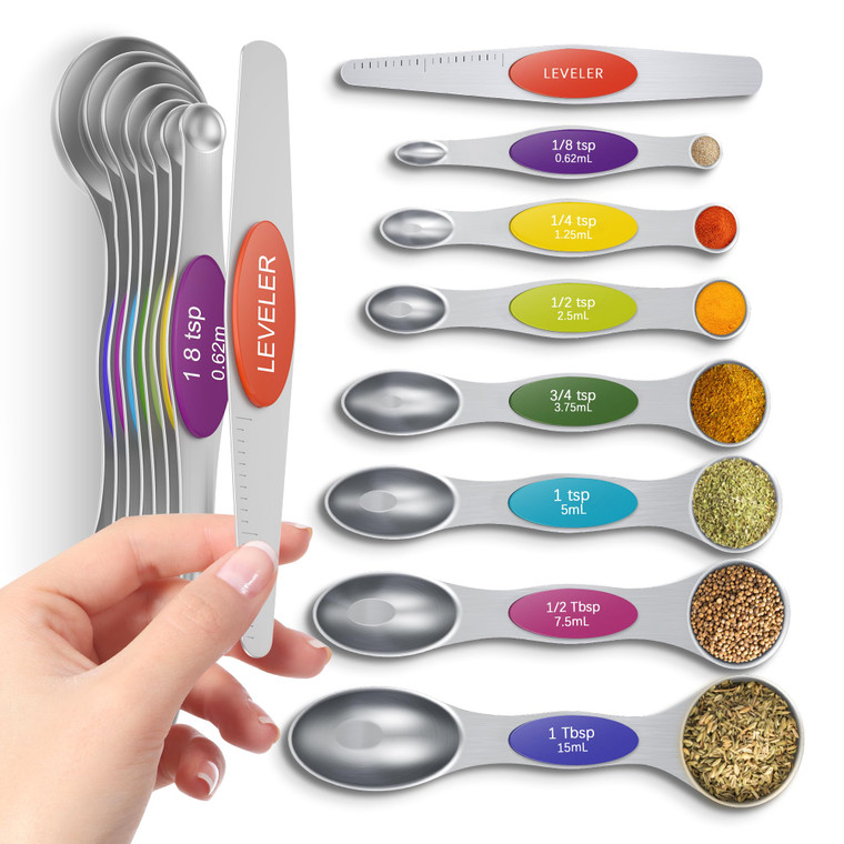 Premium Magnetic Measuring Spoons Set|Strong N52 Magnets|Heavy Duty Stainless Steel|Dual-Sided for Spice Jar & Liquid Measuring|Dishwasher Safe|7 Spo