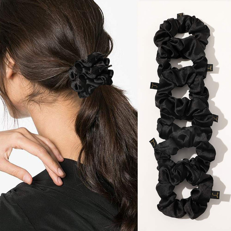 Scrunchies Black Satin Silk Hair Ties - Women Hair Bands Scrunchy For Thick Curl Hair No Crease Hair Accessories Soft Ponytail Holder