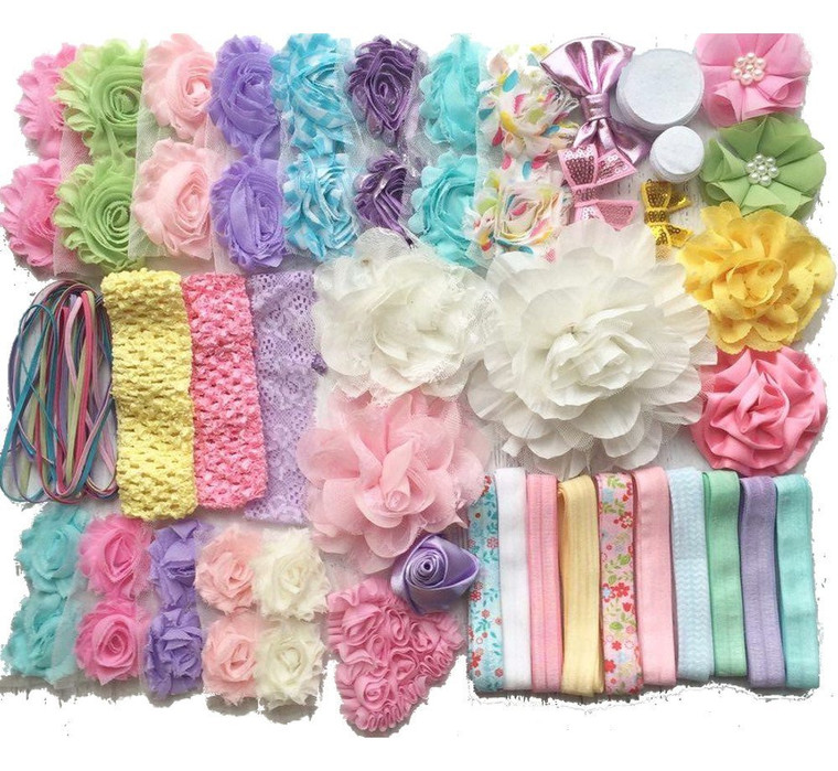 Bowtique Emilee Springtime Pastels DIY Baby Shower Headband Kit - Makes 30 Headbands, Includes 35 Flowers, 15 Yards of Elastic, Felt Circles, Embelli