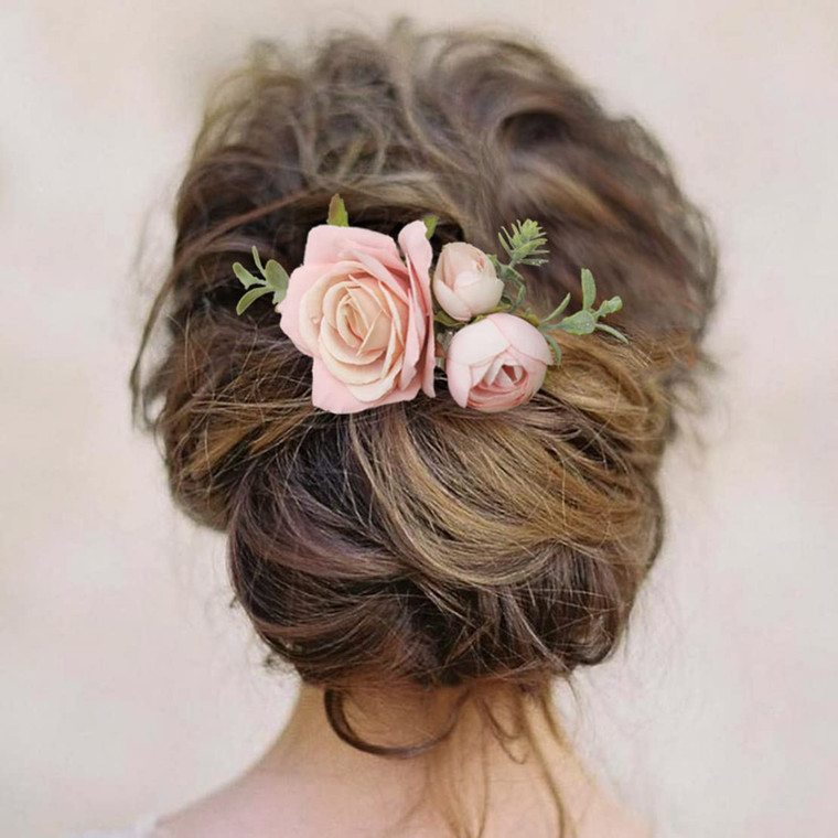 Fangsen Wedding Pink Rose Flower Hair Comb Spring Wedding Bridal Hair Accessory for Women and Girls Silver