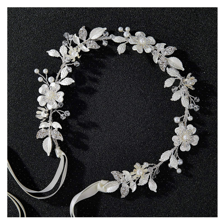 SWEETV Sliver Flower-Leaf Bridal Headpieces for Wedding Headband Bride Hair Pieces Crystal Flower Girl Hair Accessories