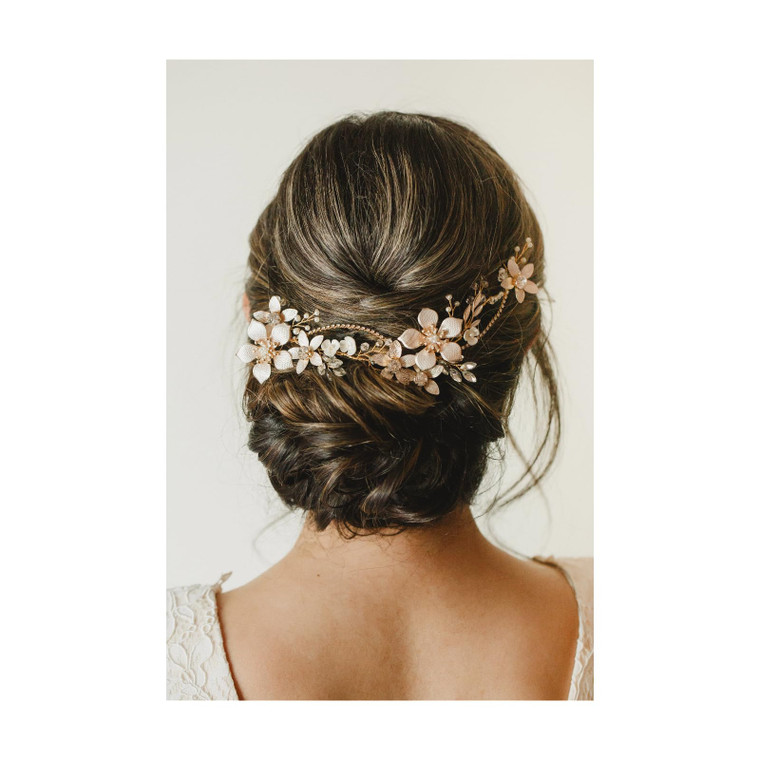 SWEETV Gold Bridal Headpieces for Bride Flower Wedding Headband Hair Vine Crystal Hair Pieces for Women