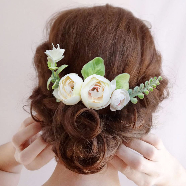 Fangsen Silver Wedding White Rose Hair Comb Floral Bridal Hair Accessory for Women and Girls