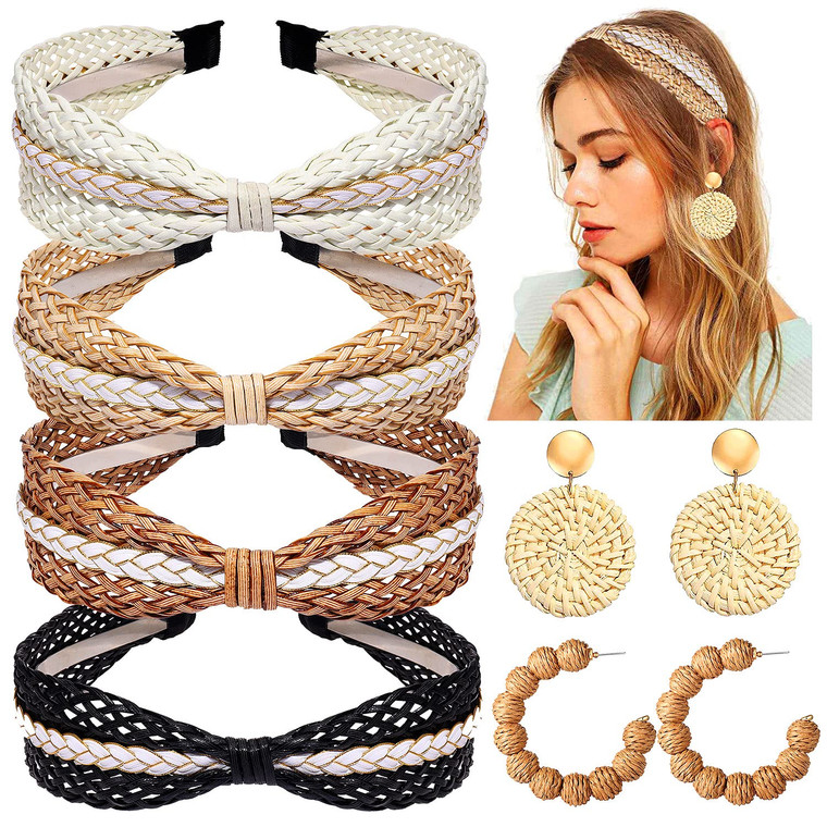 NVENF 6Pack Straw Headbands Rattan Earrings for Women, Boho Raffia Straw Knotted Hairband, Wide Woven Twist Hair Hoop, Summer Beach Headwear Hair Acc