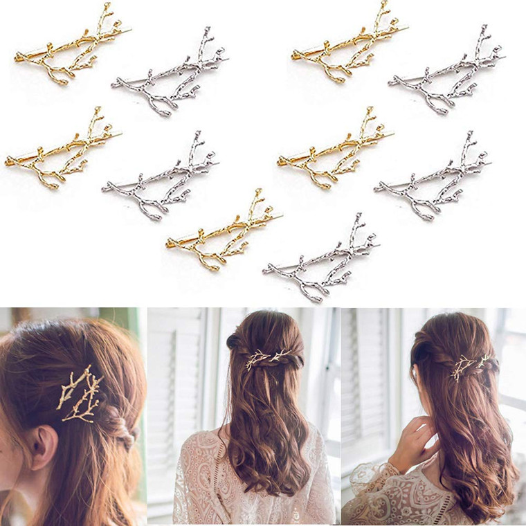 Luckycivia 10pcs Minimalist Dainty Gold Silver Metal Hairpin Leaf Hair Clip Clamps,Metal Branches Hairpin Hair Accessories, Best Christmas Gifts
