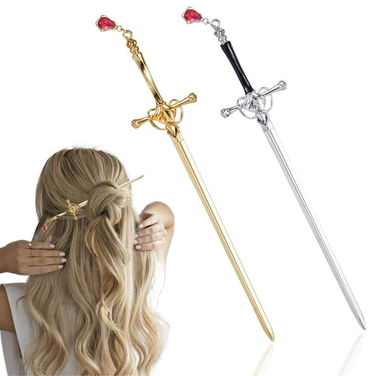 2 PACK Chinese Sword Tassel Hair Accessories Sticks for Women Buns with Hair Gems Sword (Gold + Silver)