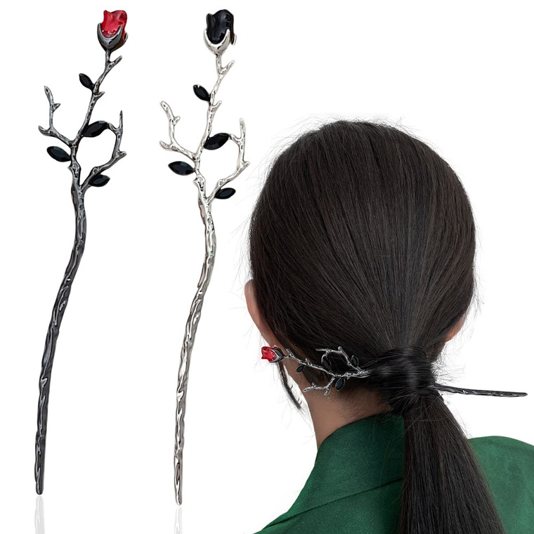 2 PCS Metal Rose Hair Sticks Flower Buns Hairpin for Women Girls Long Hair Accessories