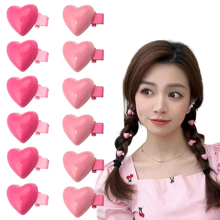 Small Heart Hair Clips Pink Kawaii Mini Heart Shaped Duckbill Hair Clip Hairpin Barrettes Decorative Alligator Hair Styling Clips Set of 12 Cute Aest