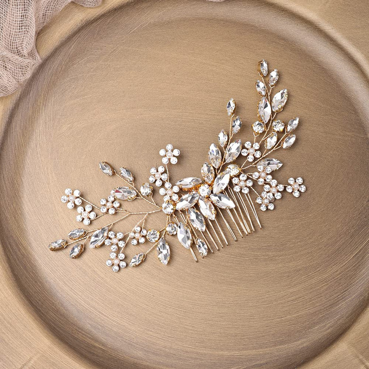 JWICOS Flower Girls Gold Headpiece Hair Comb Pearl Crystal Rhinestones Hair Accessories for Birthday, Party, Wedding (Gold)