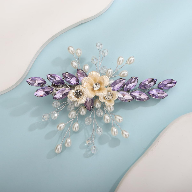 Xerling Light Purple Rhinestones Crystal Flower Hair Barrettes Clip Boho Bridal Pearl Hair Jewelry Accessories for Women Wedding Floral Headpieces (P