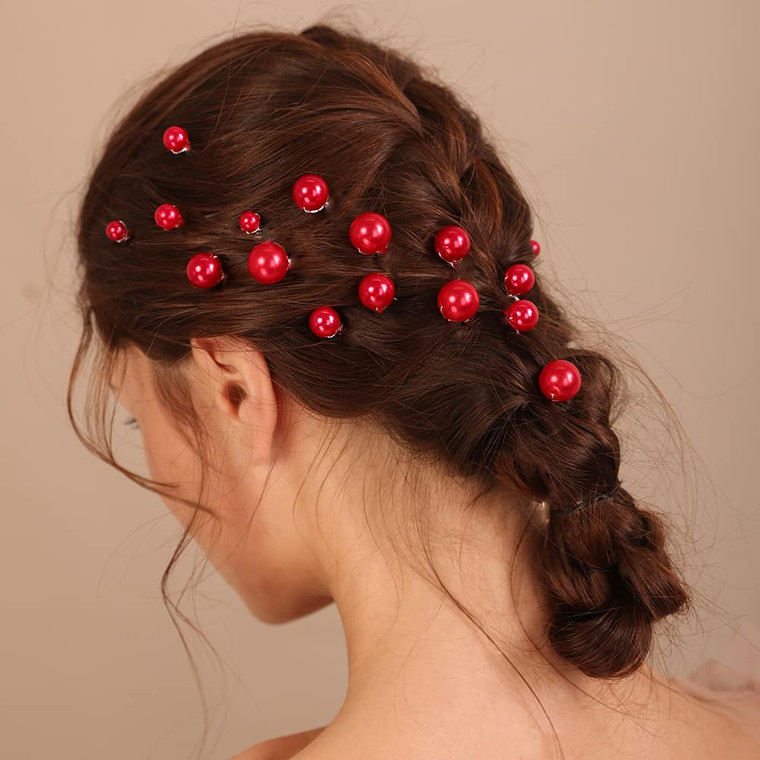 Xerling 20Pcs Pearl Hair Pins Bride Wedding Hair Pieces Red Hair Accessories for Girls Boho Women Headpiece (Red)