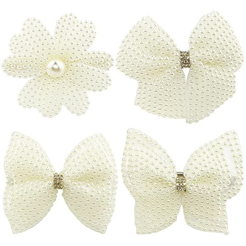 Pearls White Hair Bows for Girls, 4 Pieces Elegant Flower Rhinestone Alligator Hair Clips Beads Hairgrip for Women Teens