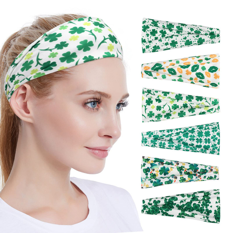6 Pack St. Patrick's Day Headbands Green Shamrock Hairbands for Women Men No Slip Sweat Wicking Workout Headband for Yoga Running Exercise Hair Acces