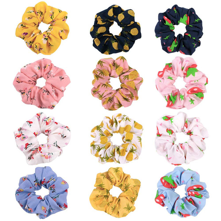 12 Pack Fruits Hair Scrunchies Strawberry Scrunchie Mango Hair Ties Check Plaid Scrunchies Gingham Ponytail Holder Fruits Bobbles Floral Scrunchy (12