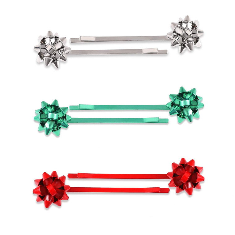 6Pack Christmas Bow Hair Clip Hairpin Headdress Hair Bows Alligator Clips For Woman (red green silver)