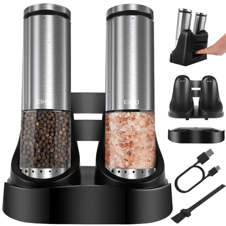 EIHO Electric Salt and Pepper Grinder Set USB Rechargeable, Upgraded External Adjustable Coarseness, Stainless Steel Automatic Salt and Pepper Shaker