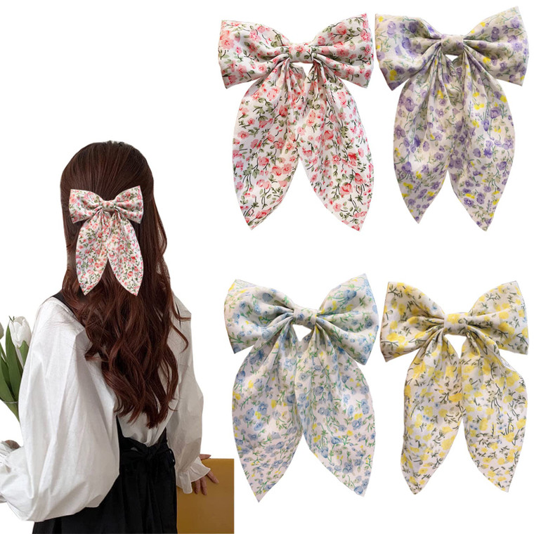SALOCY Chiffon Hair Bows for Women Girls,4 PCS Barrette Hair Clip Long Black Ribbon Bows French Style Hair Accessories for Summer (Pink,Yellow,Blue,P