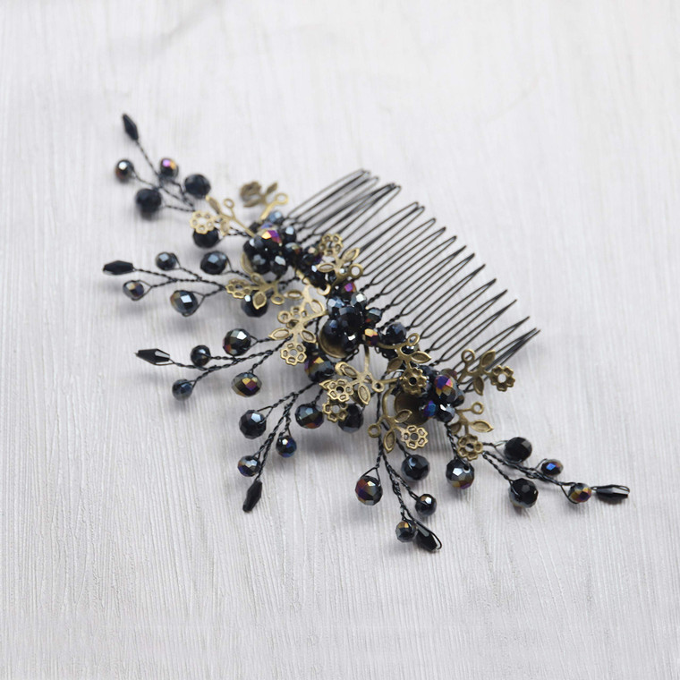 Kercisbeauty Women Black Crystal Hair Comb Slides Gothic Styles Bronze Headpiece for Evening Party Wedding Headband for Brides