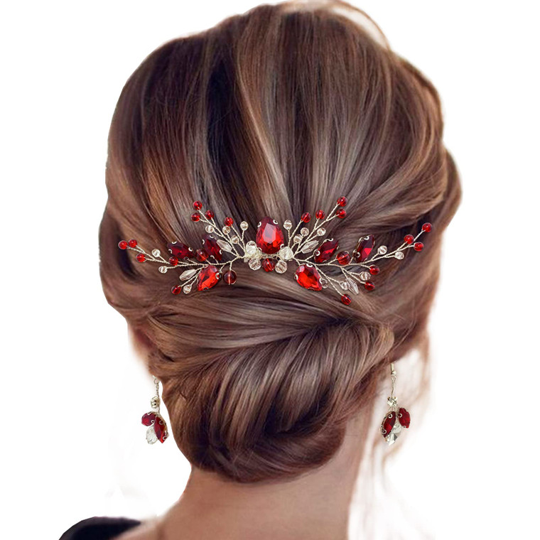 Bridal Crystal Hair Comb and Earrings Set Elegant Bride Wedding Hair Piece Accessories for Women Prom Party Photography (Wine Red)