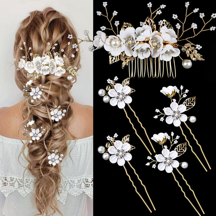 5 PCS Bridal Flower Wedding Hair Pins Crystal Pearl Hair Clips Headpiece Gold Wedding Hair Accessories Jewelry with Rhinestone for Brides Bridesmaids