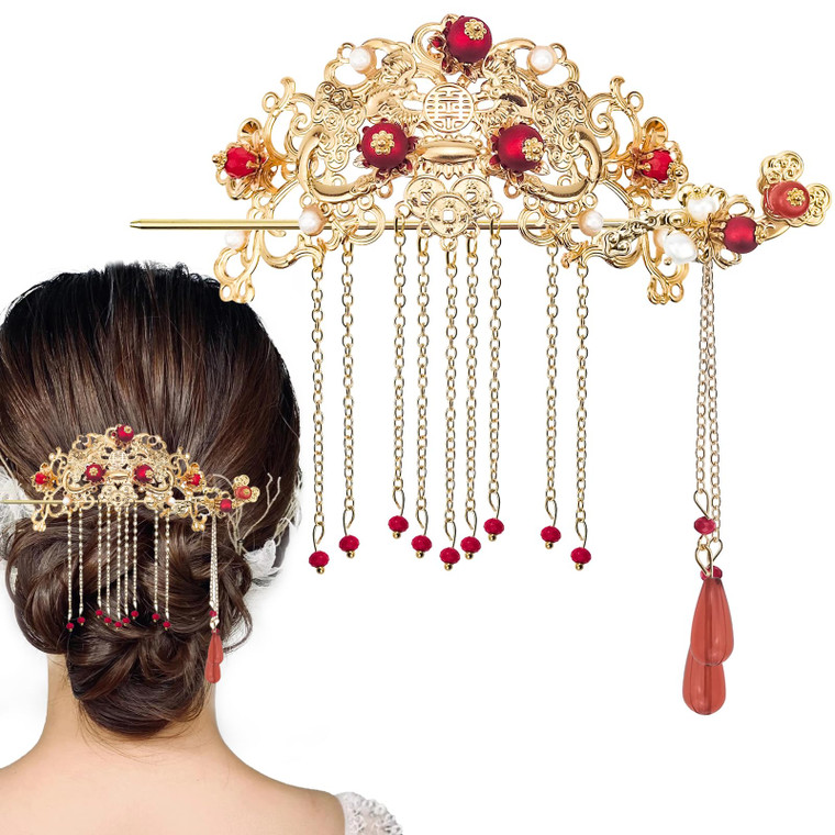 Chinese Hair Accessories for Wedding, Red Tassel Gold Hanfu Pins Pearl Flower Hair Pins, Hair Chopsticks Hair Styling Vintage Classical Sticks Long T
