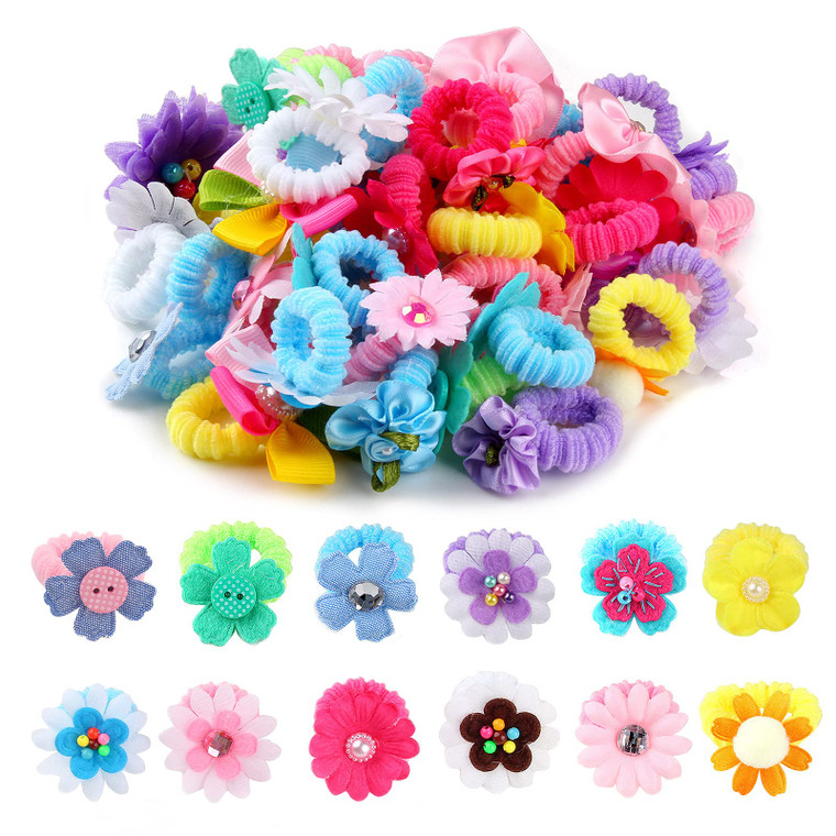 50 Pcs Elastic Hair Ties for Girls Cute Flower Toddler Hair Ties Multicolor Candy Baby Girls Scrunchies Soft Seamless Ponytail Holders Rubber Bands S