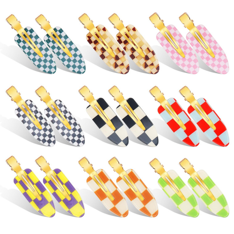 18PCS No Bend Hair Clips, Checkerboard No Crease Curl Pins, Acrylic Resin Flat Styling, Colorful Bang Seamless Duckbill Barrette for Makeup Hairstyle