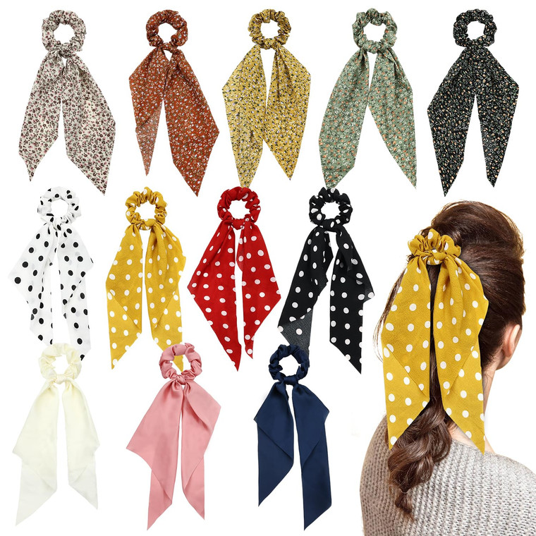 Cinaci 12 Pack Stretchy Hair Scrunchies with Long Ribbon Bow Floral Polka Dot Solid Hair Ties Elastics Hairbands Silk Chiffon Ponytail Holders Rubber