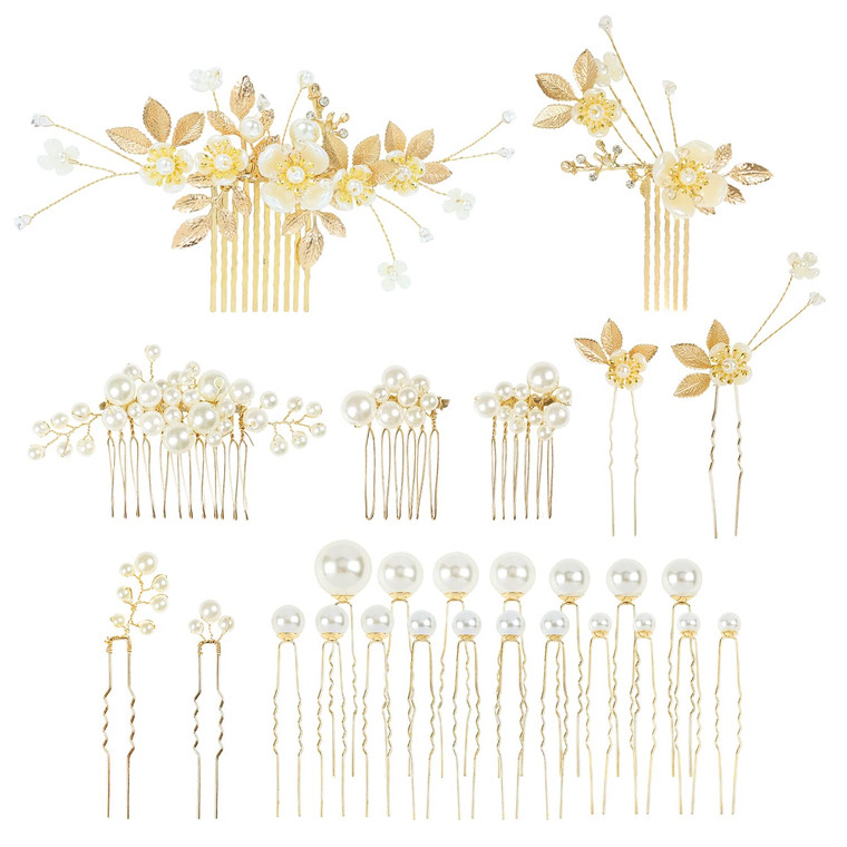 Cinaci 27 Pack Sparkly Glitter Gold Rhinestone Leaf Flower Bridal Metal Hair Side Combs+U-shaped Pearl Hair Pins Clips Barrettes Headpieces Wedding H