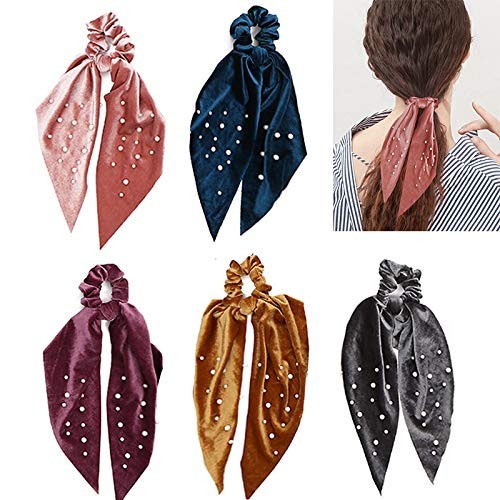 5 Pcs Velvet Scarf Hair Scrunchies Silk Ribbon Bow Scrunchies Super Soft Velvet Hair Ties Bowknot Scrunchies Bowknot Elegant Elastic Hair Bands Ponyt