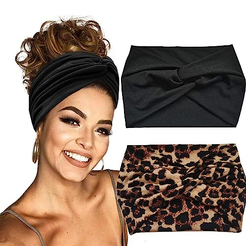 Hexchasty 2Pcs Turban Headbands for Women Fashion Boho Stretchy Thick Cute Extra Wide Headbands large Fabric Knotted Cloth Twisted Head Wraps for Wom