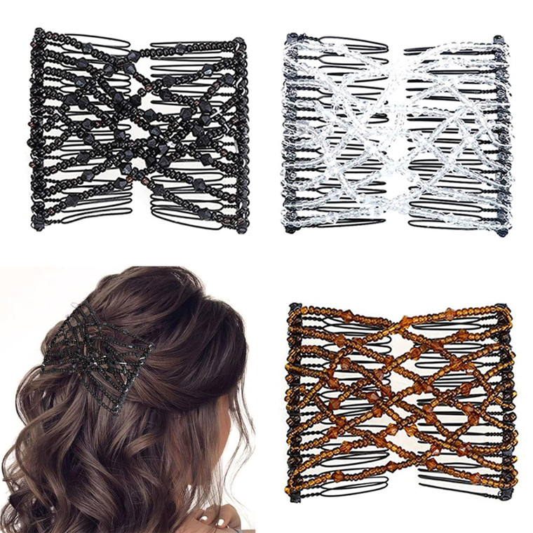 Magic Hair Combs, 3 pcs Vintage Bead Stretchy Magic Clips, Double Hair Clip Hairpins Crystal Stretch Pearls Hair Accessories for Women Girls (3 pcs)