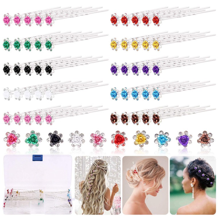 Rustark 50 Pcs Crystal Hair Pins Rose Flower Rhinestone Hair Clips U Shaped Hair Pins Bobby Pins Bun Hairpins for Wedding Bridal Women Hair Jewelry A